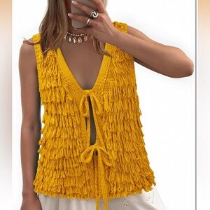 Textured Knit Fringe Tie-Front Tank - Mustard Yellow